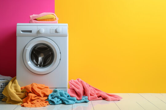 Dirty Laundry Piled Up Next To A Washing Machine. Spring Cleaning Concept. Generative AI