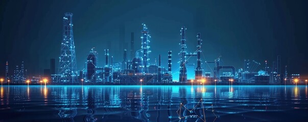 Oil Refinery Illuminated at Night
