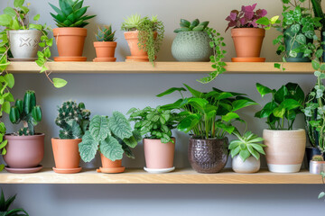 Shelf filled with potted plants. Home decor and tree lover concept. Generative AI