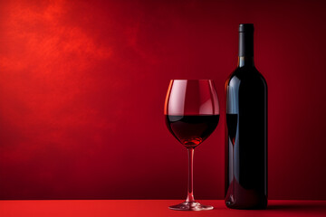 A bottle and glass of rich red wine on a stylish red background, creating a luxurious ambiance