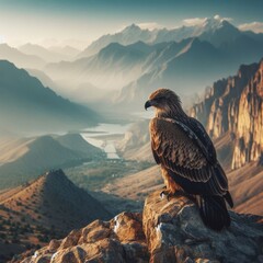 Magnificent eagle sits atop a mountain range
