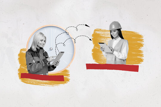 Creative collage image of two people engineer medical worker use tablet texting communicate wall watch clock isolated on painted background