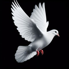 White dove flaps wings against black background
