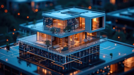 Aerial View of a Modern House at Night, 3D drawing style
