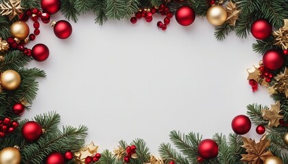 christmas frame with branches and decorations Christmas frame of spruce, red & gold christmas decorations on white background. Copy space.  