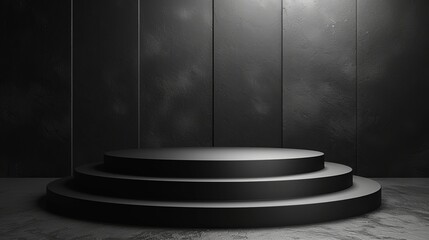 A sleek, minimalist stage with a spacious black platform lit by studio lights. It exudes elegance and sophistication.