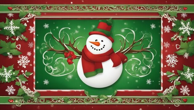 christmas card with snowman A cute Christmas sign with a red background and a green border.  