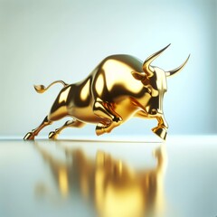 Golden Bull Statue on Reflective Surface, Financial Strength Concept