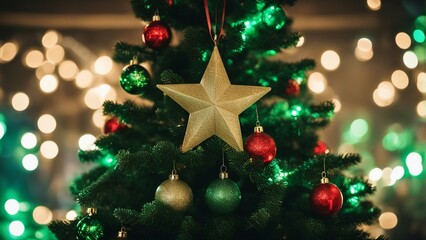 christmas tree decorations A green abstract christmas tree with colorful decorations and a star 