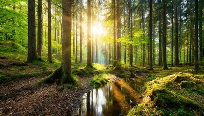 Footpath in the forest with sunrise