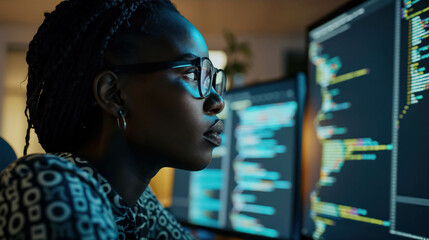 Black Female Developer Coding Intently On Her Computer. Encouraged Women From Different Backgrounds To Work In IT Development