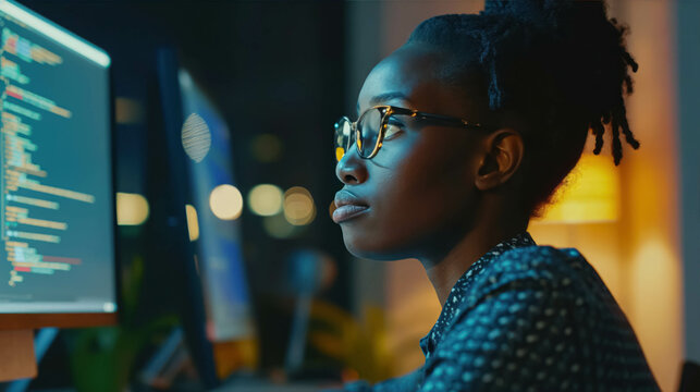 Black Female Developer Coding Intently On Her Computer. Encouraged Women From Different Backgrounds To Work In IT Development