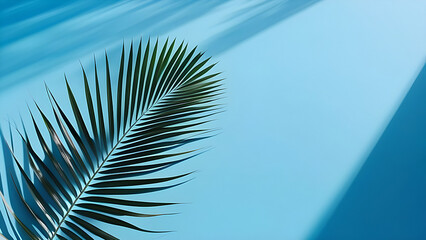 Fototapeta premium Palm leaf on a blue background, top view, background for presentation.