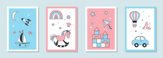 A collection of vector drawings for children. Cute design with toys for wallpaper background to decorate the nursery, postcards for babies and covers.