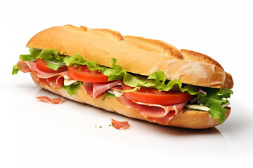 Fresh baguette sandwich with ham, tomato, lettuce on white background