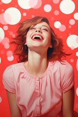 Beautiful woman having fun on a red background, womens day