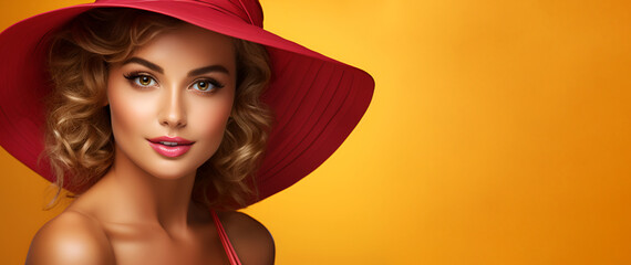 Beautiful woman in red hat on a yellow background