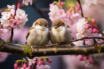 Small sparrows chicks sit in garden surrounded by pink Sakura blossoms