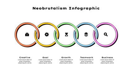 Neobrutalism horizontal timeline. Infographic with 5 options, steps or processes. Retro presentation template
