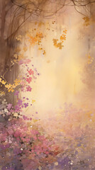 Autumn forest with colorful leaves and fog. Abstract nature background