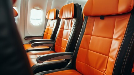 Empty business class passenger seats in aircraft cabin interior, commercial transport