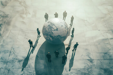 businesspeople standing around globe in