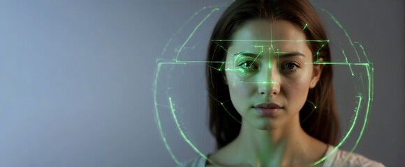 Scan eye identification technology, female colorful facial recognition. Biometric authentication