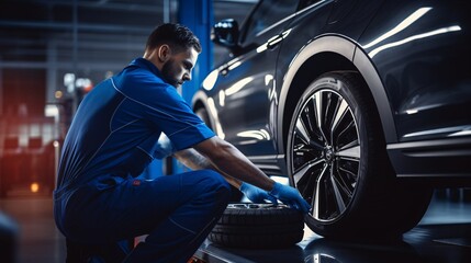a man in blue uniform working on a tire