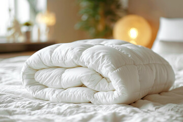 Fototapeta na wymiar Folded clean blanket on the bed in the bedroom. Bed linen, sleeping accessories.