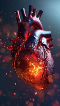 heart pain illustration 3d render. Heart attack illustration, medical issue. Stroke. fulminant heart attack. Stent operation, cardiac stroke