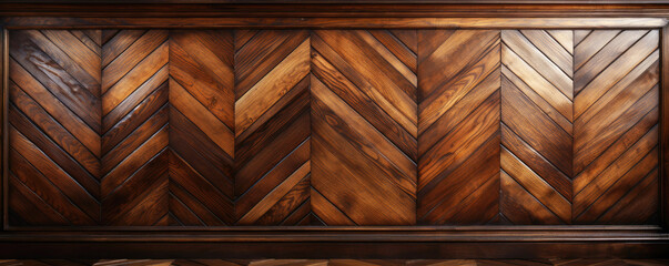 Texture of the surface of a wall made of brown wood, varnished. Wooden surface, parquet with herringbone boards.