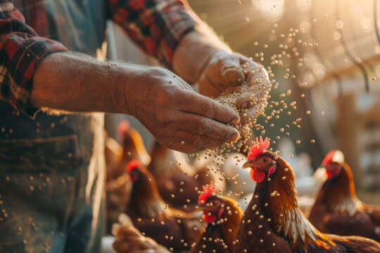 Hands of man with pellets feeding hens at domestic pen in farm.
