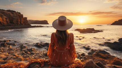 Young woman in hat sitting on the sand and looking at the sea at sunset. Solo travel, vacation concept. - Powered by Adobe