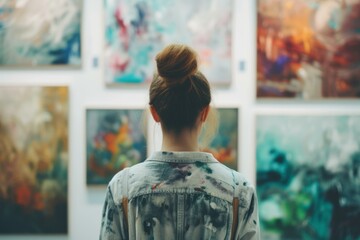 Art Enthusiast Admiring Paintings in Gallery, Artistic Inspiration Concept