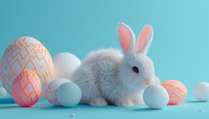 cute white bunny with painted easter eggs in