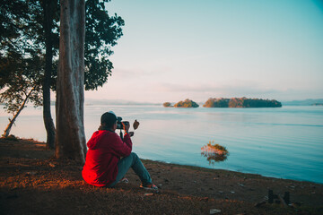 Capture the essence of adventure and tranquility in a striking landscape photo showcasing a camping...