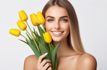 young happy woman with a bouquet of yellow tulips on a white background in a white T-shirt and yellow skirt. March 8, international women's day