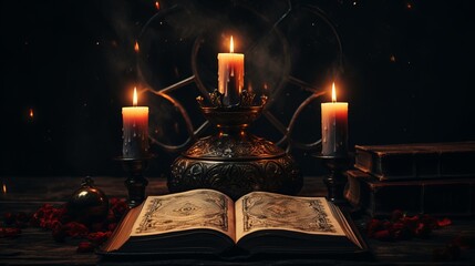 Mystical ritual book and burning candles on table in dimly lit room with dark atmosphere