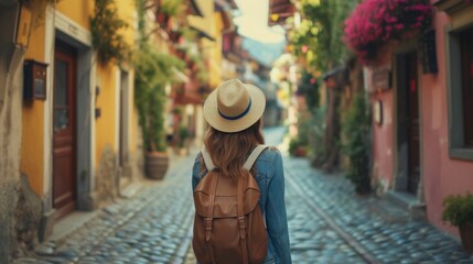 Traveler woman in street of old town