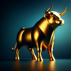 Golden Bull Statue on Blue Background, Wealth Concept