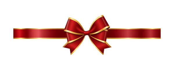 A horizontal glossy red & golden Bow and Ribbon on a white or transparent background. PNG. For decorating. red gift ribbon cut out.