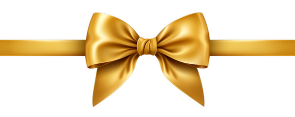 A horizontal glossy golden Bow and Ribbon on a white or transparent background. PNG. For decorating. Gift ribbon cut out for Christmas, birthday, Valentine's Day