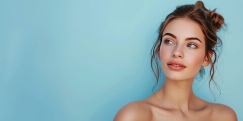 Obraz premium Elegant Young Woman with Flawless Skin on Pastel Blue Background, Beauty Concept