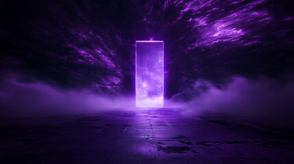 Door with light rays and smoke, Futuristic abstract background,