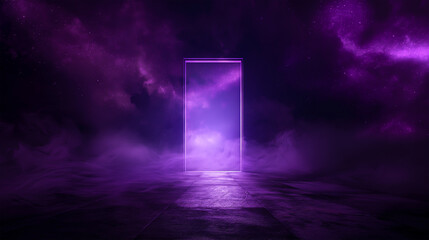 Door with light rays and smoke. Futuristic abstract background.