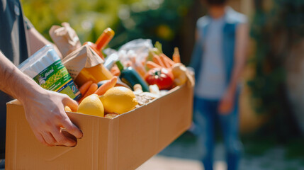 Volunteer hands holding food donations box with food grocery products 