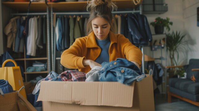 Woman sorting clothes and packing into cardboard box for donations for charity