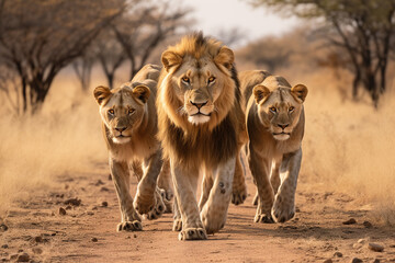 Pride of lions walks through Africa	