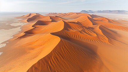 Aerial view of rippling sand dunes in the Namib Desert, patterns of light and shadow, the artistry of nature's design 