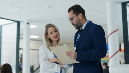 Pharmaceutical sales representative talking with doctor in medical building. Female doctor talking with hospital director, manager in private clinic.